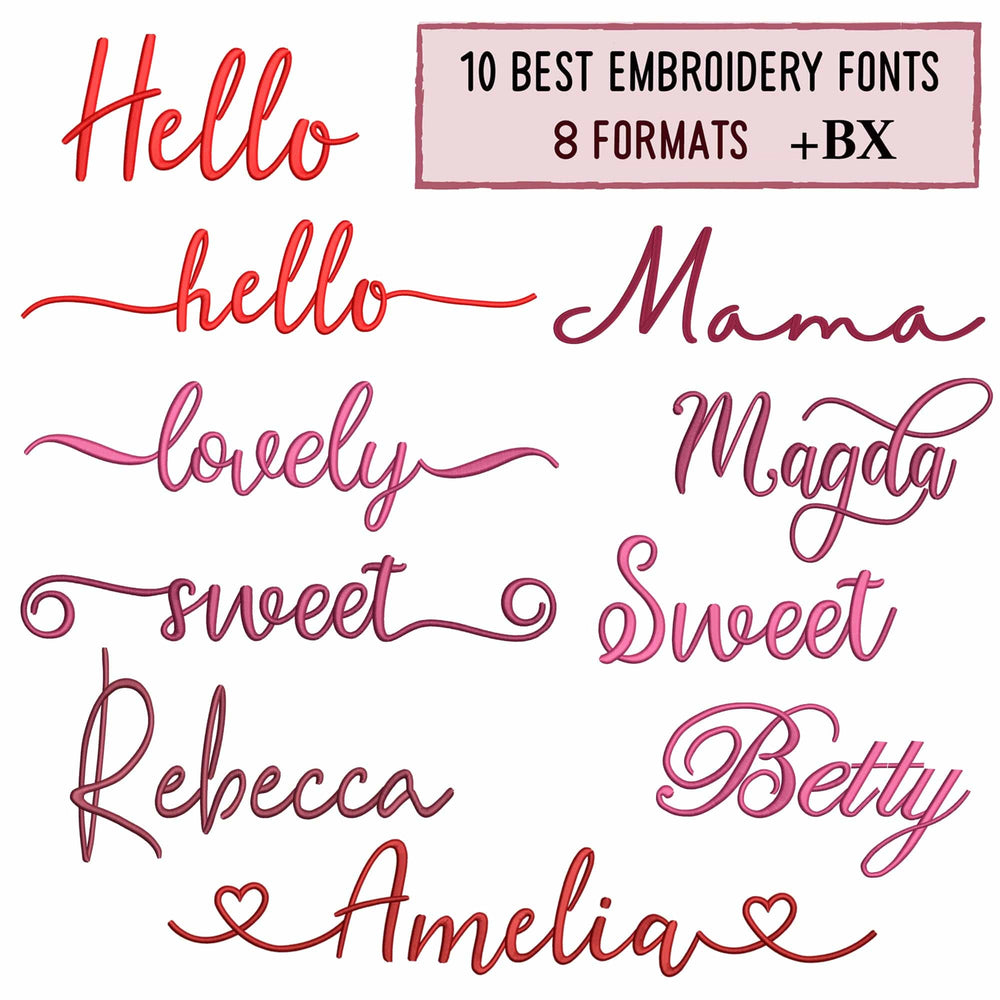 10 embroidery font bundle cover showing ten included lettering styles and BX
