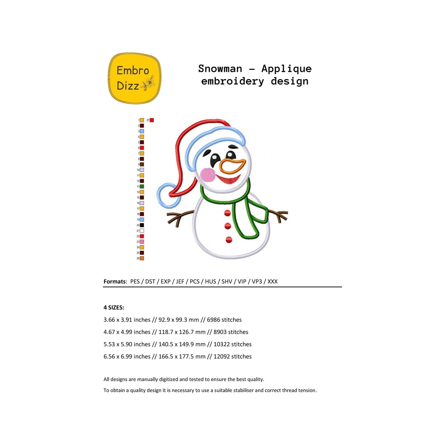 Snowman - Applique embroidery design
